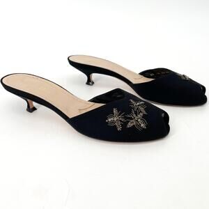 Dior Black Fabric Crystal Bee Embroidered Peep Toe Kitten Heel Mule Slide EU 40